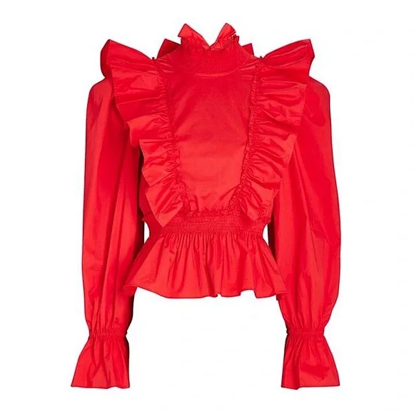 SEA NY Ruffled High Neck Puffed Long Sleeve Tied Open Back Cotton Peplum Top 8 - Picture 12 of 12